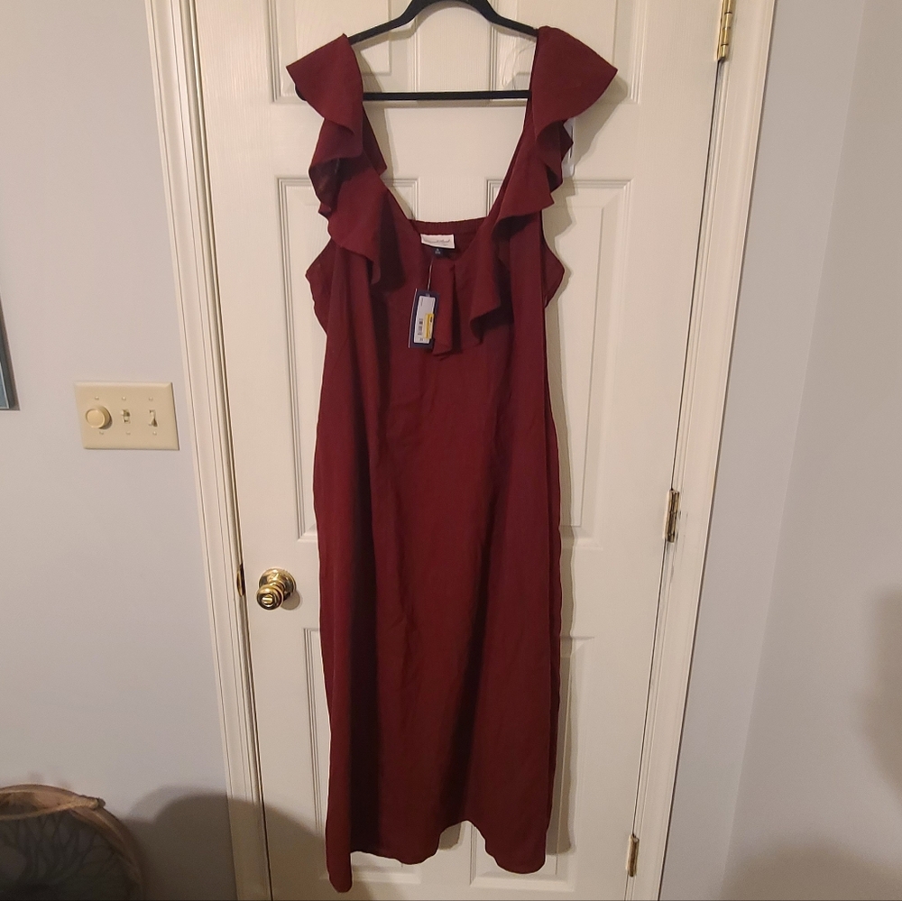 Women's Ruffle Strap Midi Dress - Burgundy
